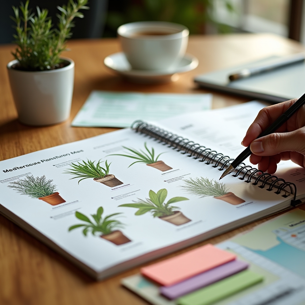 Fichas técnicas de especies xerófitas sobre mesa de trabajo en consultoría de xerojardinería