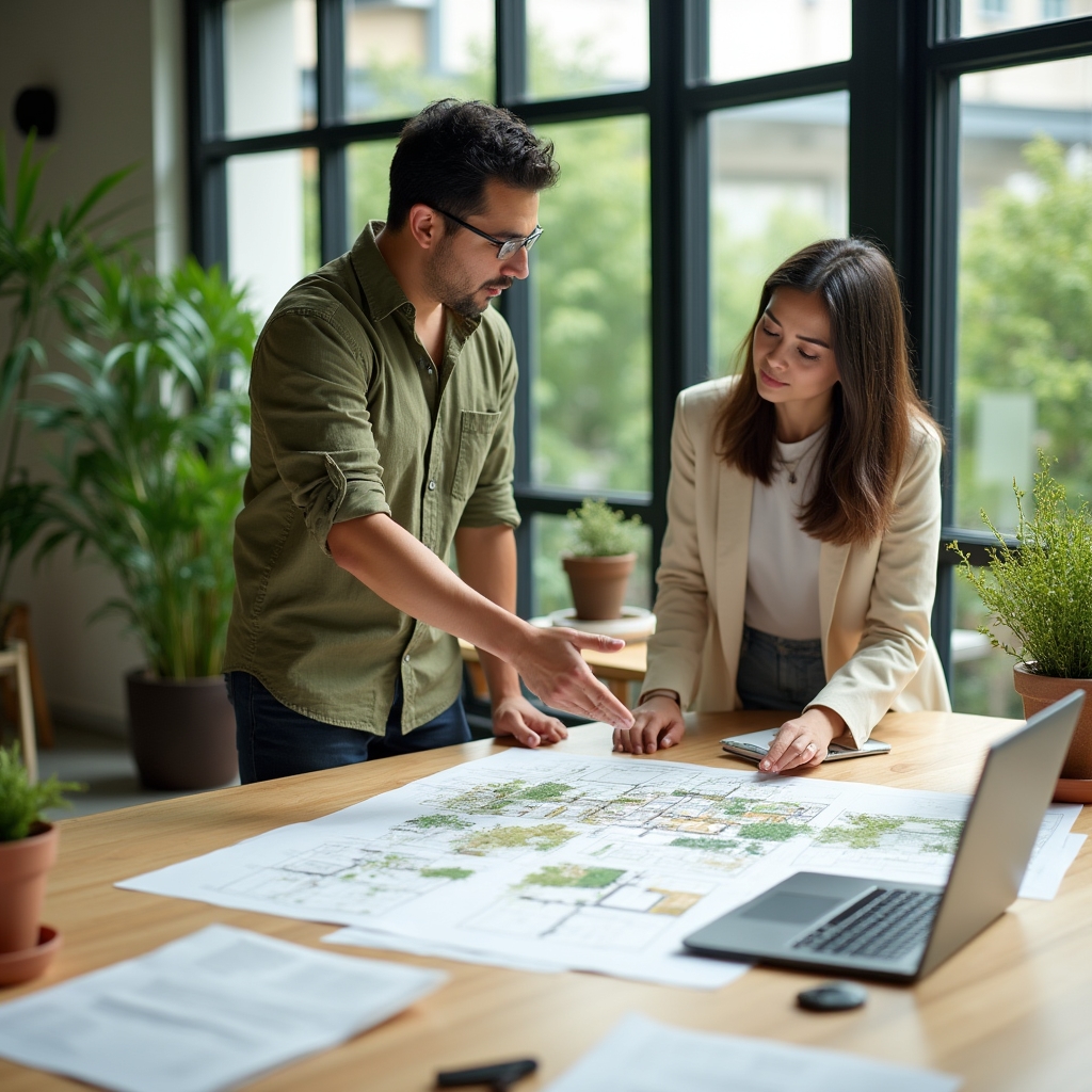 Consultor de xerojardinería explicando diseño de bajo consumo hídrico a equipo de jardinería