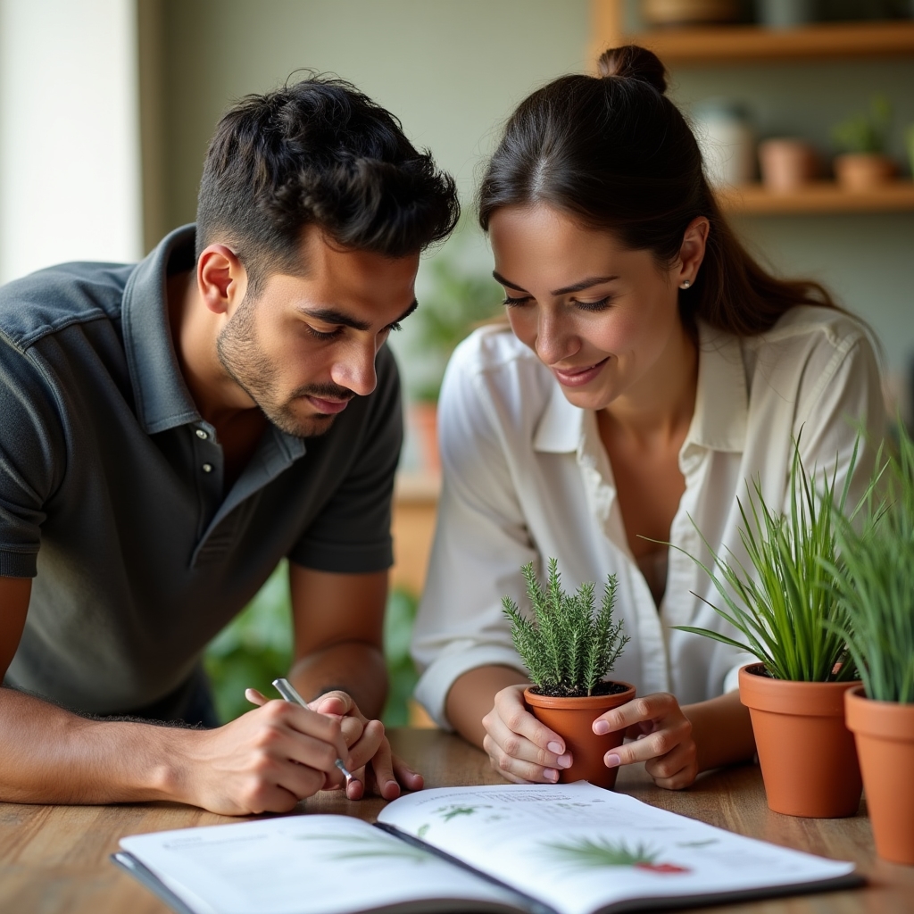 Sesión de formación técnica sobre xerojardinería con materiales de plantas xerófilas sobre mesa de trabajo